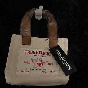True Religion Canvas Tote Bag with Brown Handles